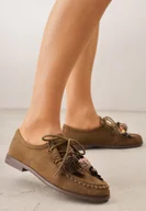 Mokasyny damskie - Ciemnobeżowe Mokasyny VICES z Wkładką ze Skóry Natualnej Ozdobione Koralikami - miniaturka - grafika 1