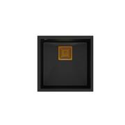 Zlewozmywaki - QUADRON Zlewozmywak granitowy jednokomorowy podwieszany 42 42 22,5 cm DAVID 40 Very Black czarny mat z miedzianym odpływem HQD4242U7-C1 - miniaturka - grafika 1