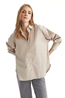 Koszule damskie - DeFacto Koszula damska z tkaniny bawełnianej z długimi rękawami, Stone, L - miniaturka - grafika 1