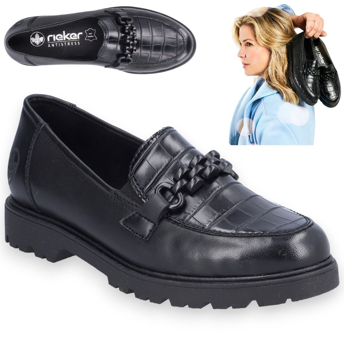 Eleganckie damskie buty ze skóry licowej mokasyny RIEKER Lordsy czarne 41