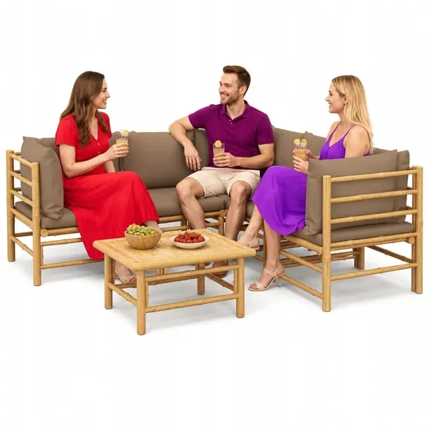 Zestaw mebli ogrodowych z bambusa z poduszkami taupe 55-69 cm