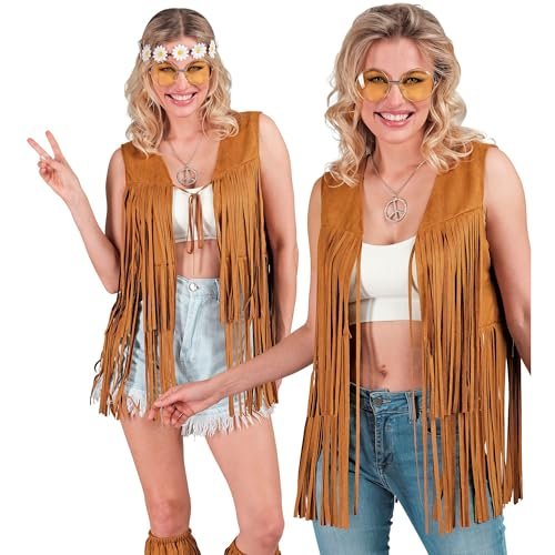W WIDMANN MILANO Party Fashion - Kostium hippie, kamizelka damska z frędzlami, brązowy, strój festiwalowy