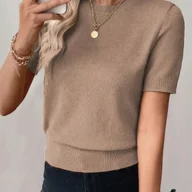 Swetry damskie - TEMU Damski Letni Casualowy Modny Dopasowany Jednokolorowy Okrągły Dekolt Sweter T-Shirt Bluzka - miniaturka - grafika 1