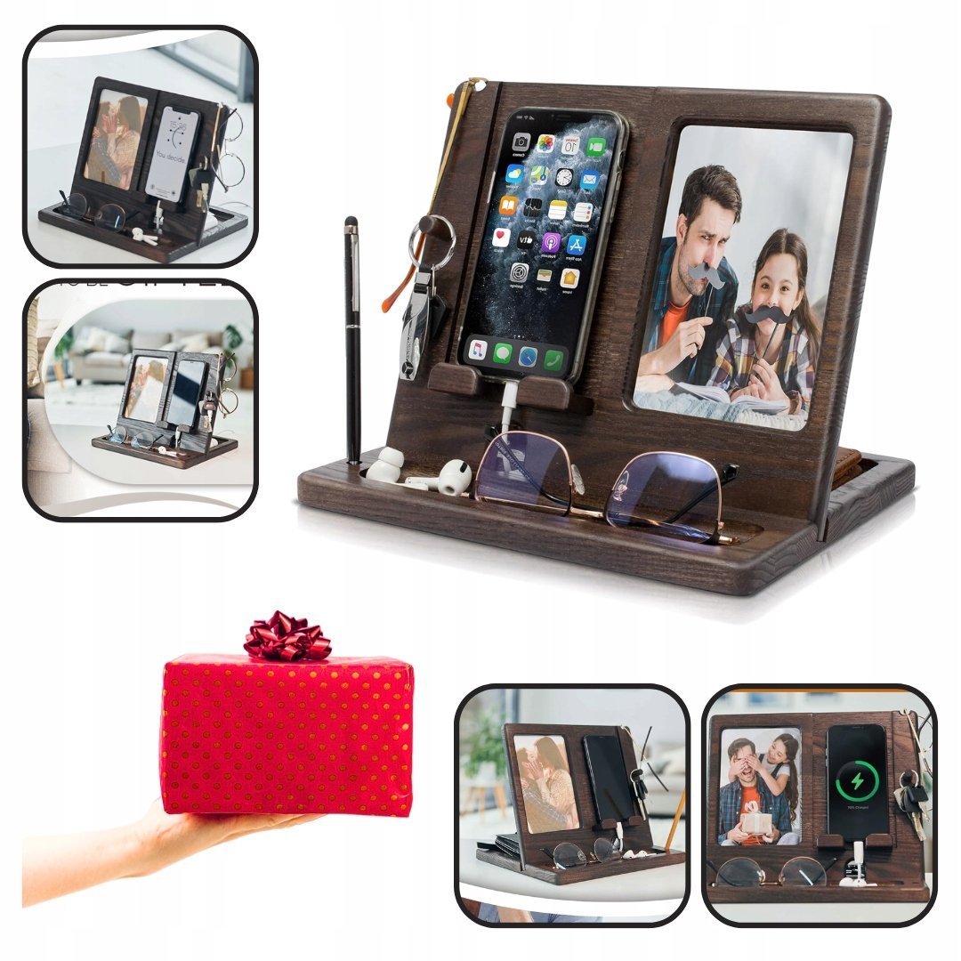 DREWNIANA STACJA DOKUJĄCA NA TELEFON, STOJAK NA PORTFEL I ZAGARKI ORGANIZER