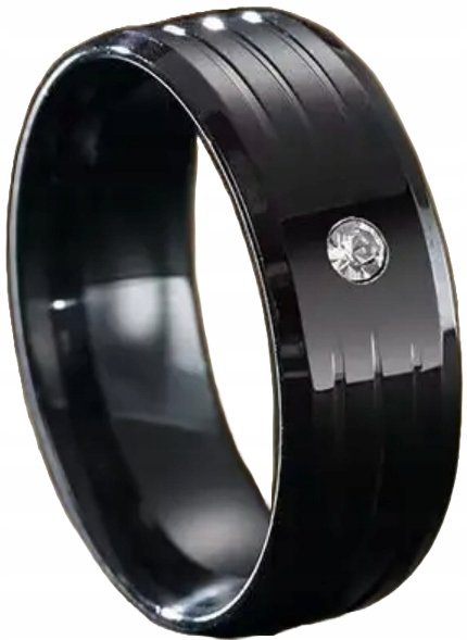 Czarny Pierścień z Brylantowym Zdobieniem Obrączka Sygnet Stal Szlachetna