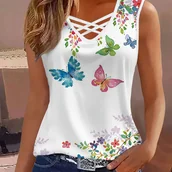 Inne - TEMU Stylowa Damska Kamizelka w Kolorowe Motyle z Krzyżującymi się Ramiączkami i Dekoltem w Serek - Modna Koszulka - miniaturka - grafika 1