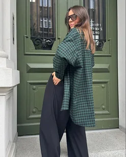 Koszula Calm oversize zielona z czarnym - Bluzki damskie Koszula Calm oversize zielona z czarnym - Bluzki damskie - miniaturka - grafika 1