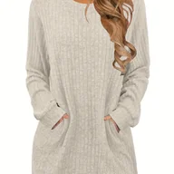 Bluzki damskie - TEMU Damski Miękki Beżowy Sweter Tunika - Długi Rękaw, Okrągły Dekolt, Kieszenie, Przytulna Casualowa Warstwowa Bluzka na Każdą Porę Roku, Pranie w - miniaturka - grafika 1