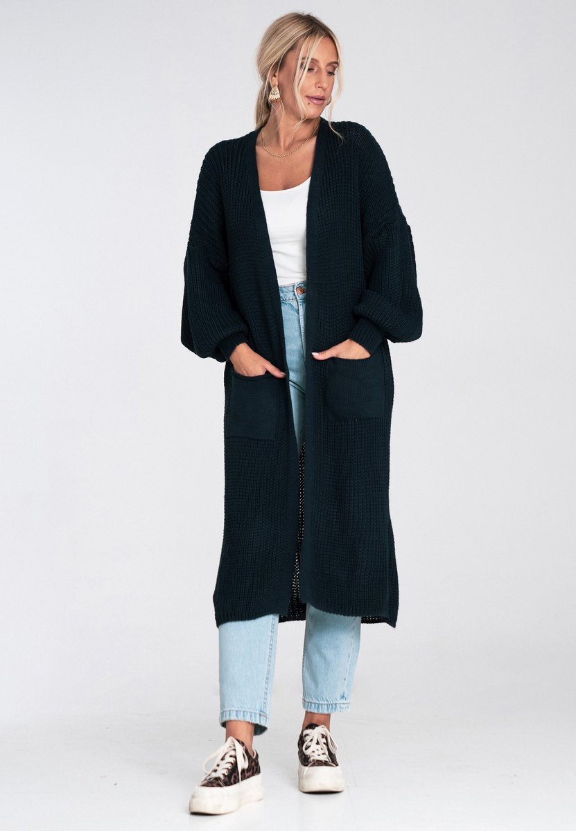 Długi cienki kardigan damski oversize bez zapięcia z kieszeniami maxi do kolan - M1239, granatowy, XL