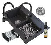 Zlewozmywaki z baterią - Zlew Granitowy Kran Ociekarka Syfon Czarny Zestaw - miniaturka - grafika 1