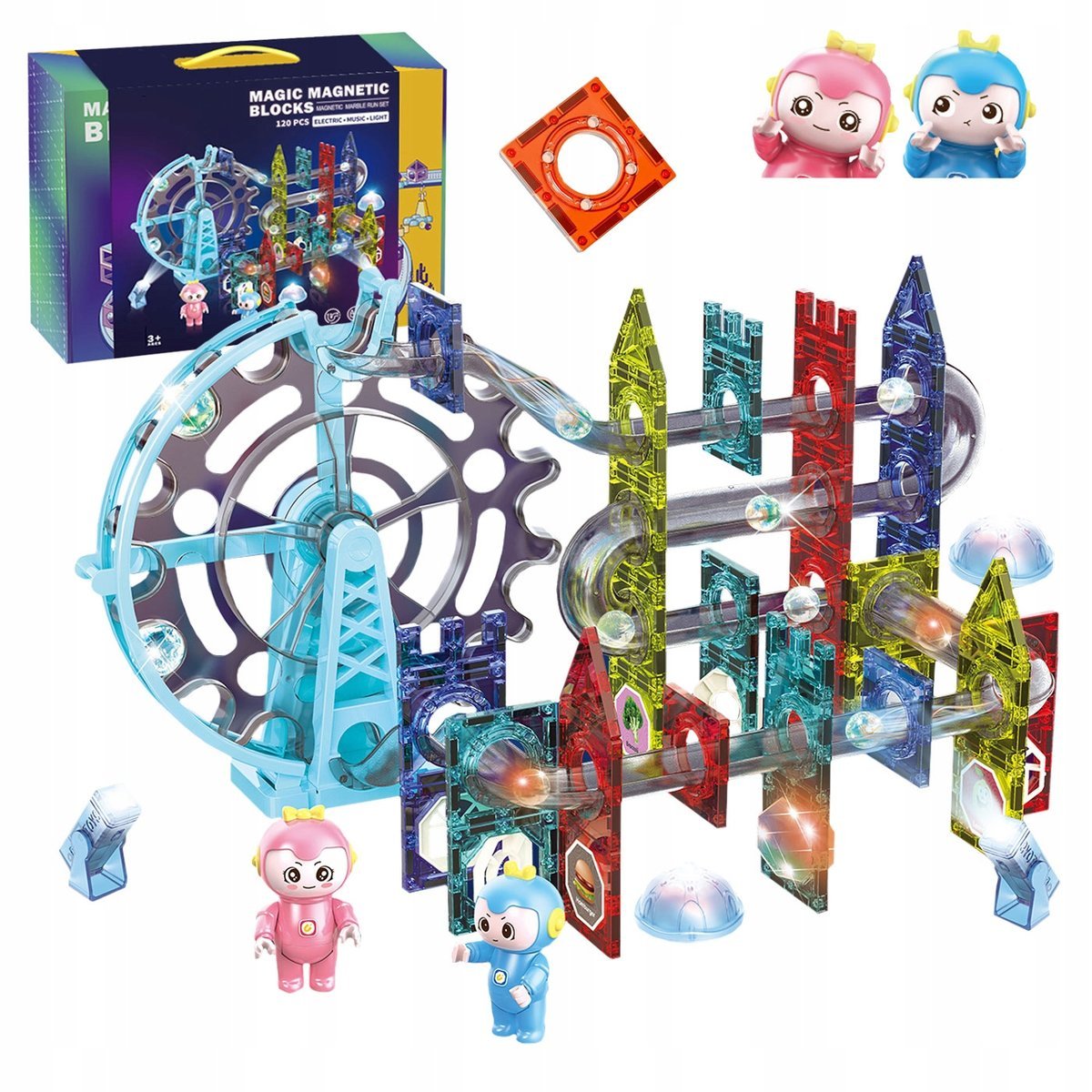 Świecący Tor Kulkowy Karuzela Klocki Magnetyczne Dźwięk Duży Zestaw 120 El