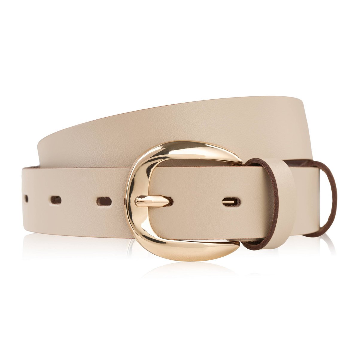 Pasek damski skórzany do spodni wąski beżowy licowy złota klamra PG-14-BZ-90