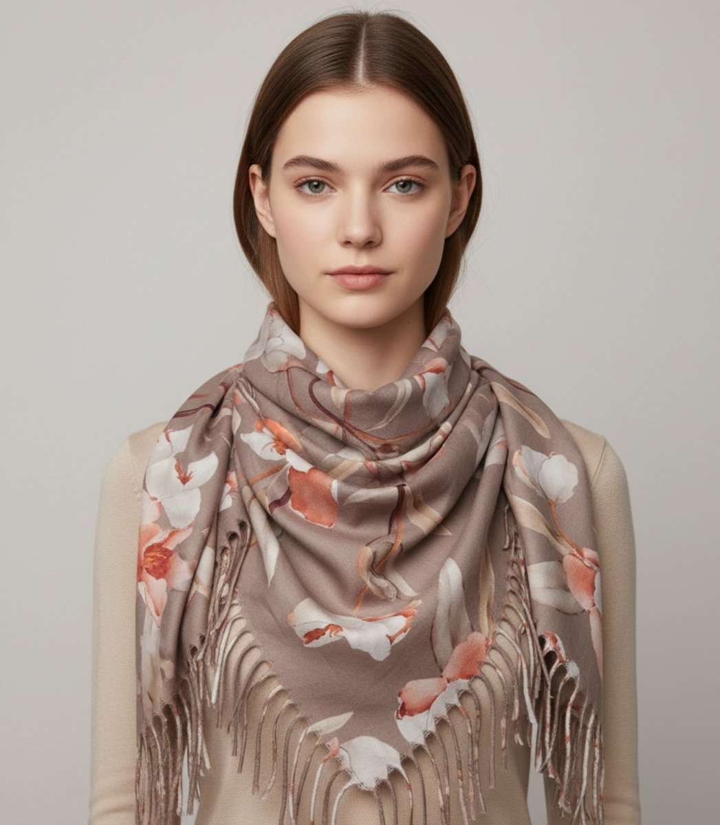 Elegancka kwiatowa chusta szal szalik z frędzlami