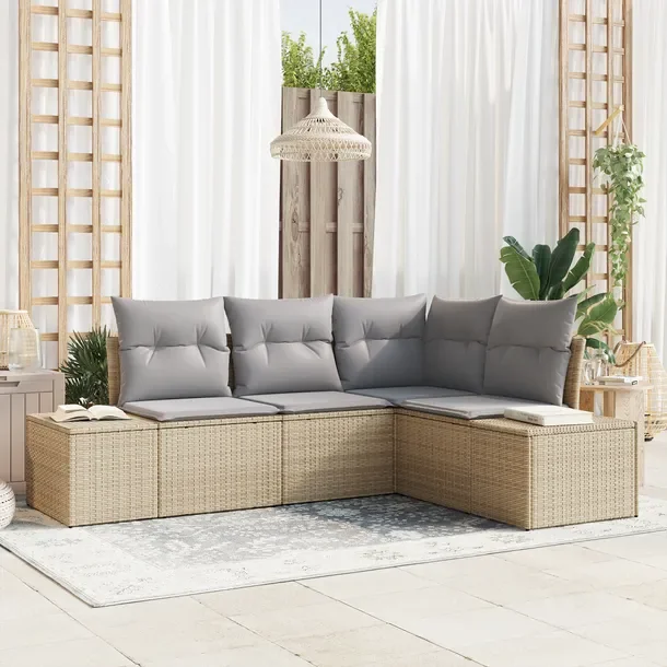 Zestaw Narożny Sofy Ogrodowej Rattan, Beżowo-Szary, 4 Osoby, 60 cm Głęb