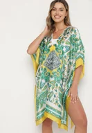 Swetry damskie - Żółte Lekkie Ponczo Narzutka z Jedwabiu i Wiskozy w Ornamentalny Wzór Azendia - miniaturka - grafika 1