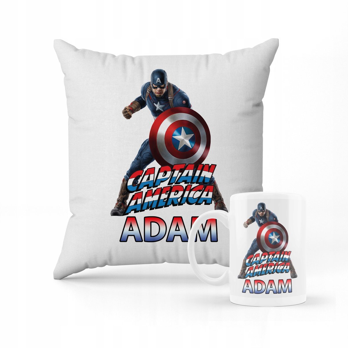ZESTAW PODUSZKA + KUBEK PREZENT DLA DZIECKA KAPITAN AMERYKA AVENGERS + IMIĘ