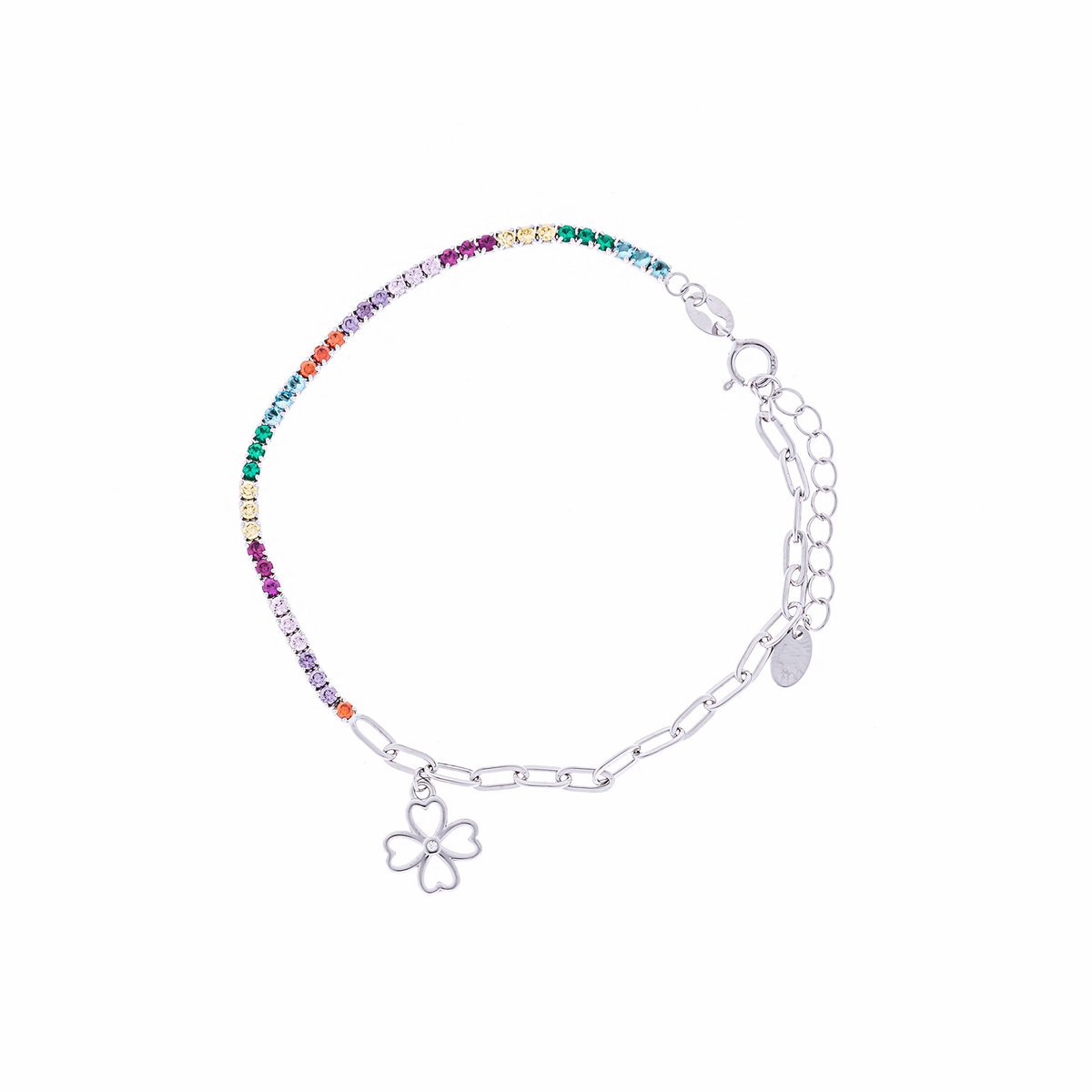 Srebrna bransoletka 925 kolorowe cyrkonie koniczyna