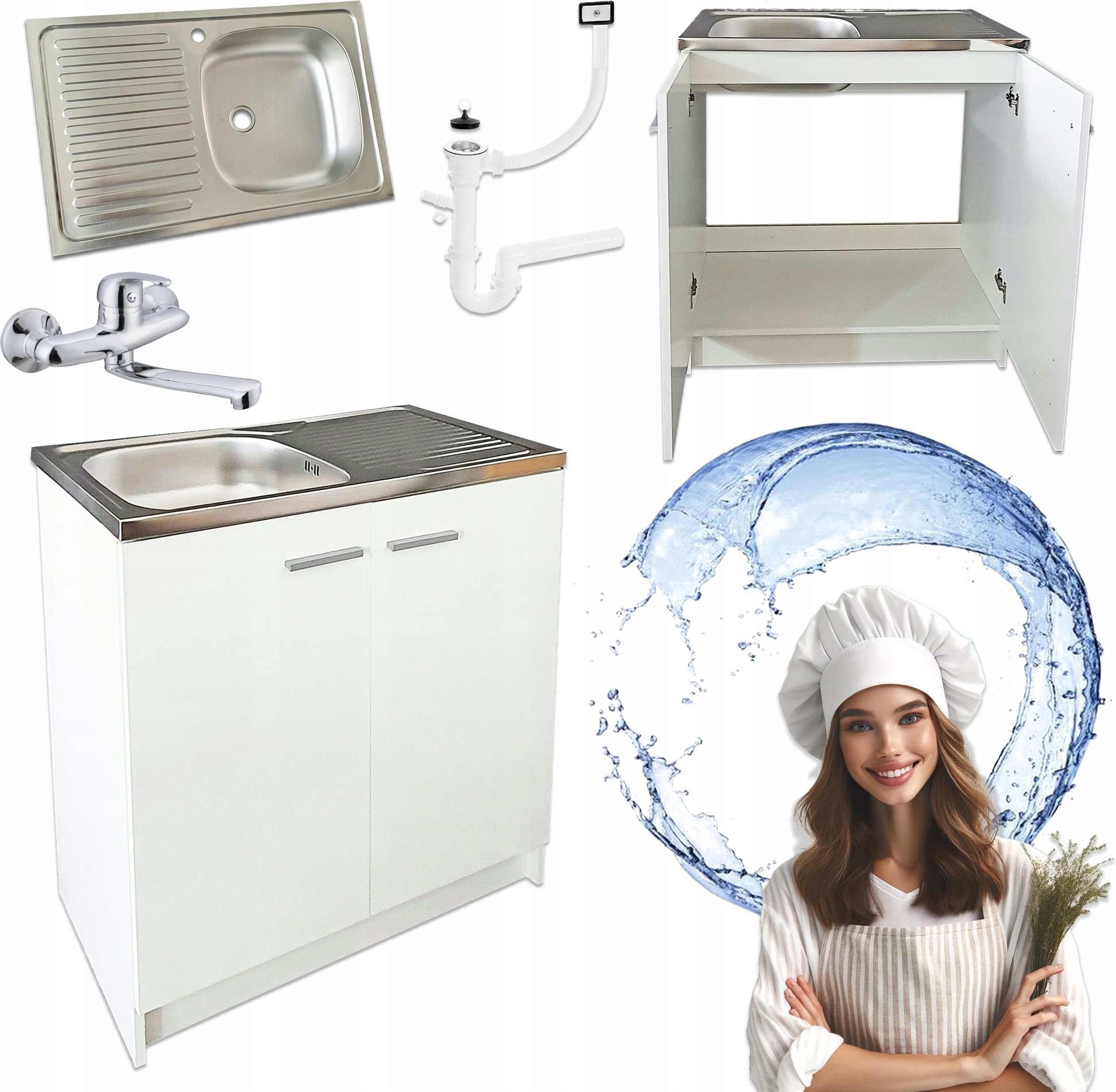 Stamar Biała stojąca szafka kuchenna, 80 cm - Zlewozmywak - Chromowana bateria ścienna - Syfon