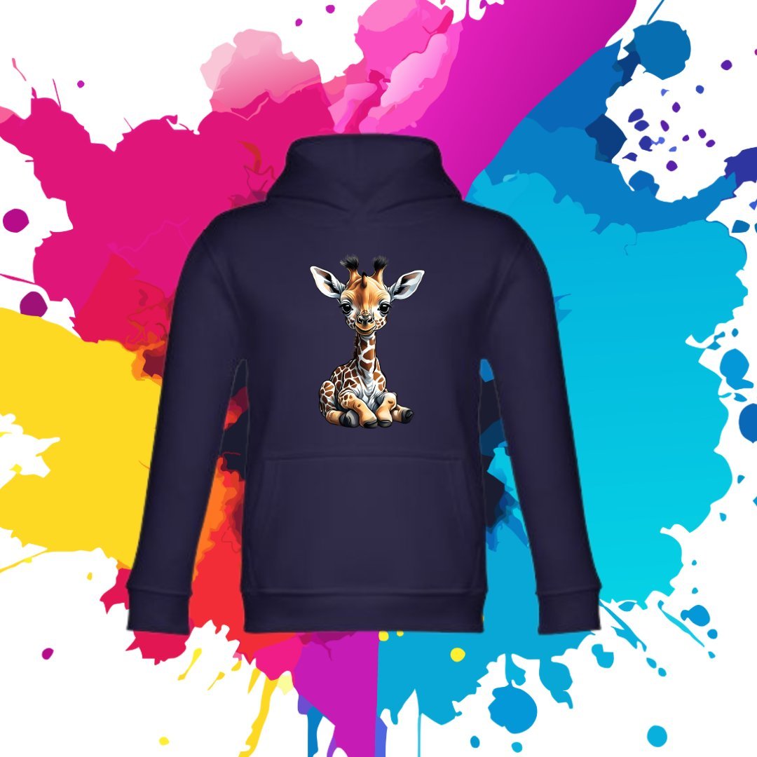 Bluza dziecięca typu kangurka z kapturem w kolorze granatowym z nadrukiem żyrafa 4 lata