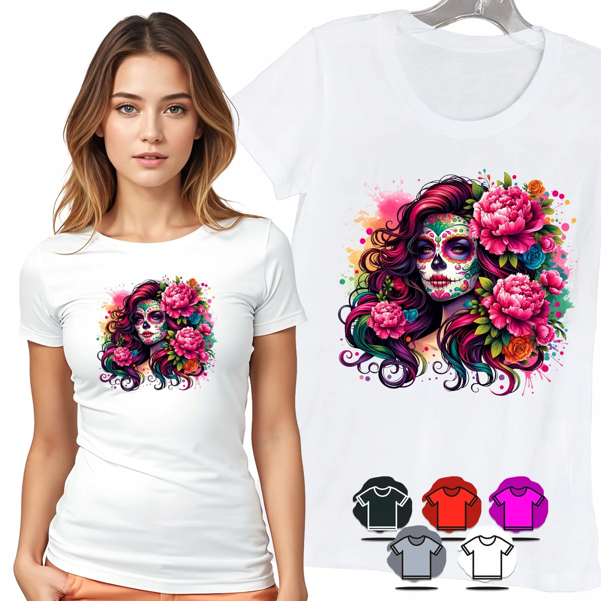 KOSZULKA DAMSKA T-SHIRT - SANTA MUERTE KWIATY RÓŻOWE PORTRET DAMSKI - XS