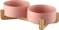 Miski dla kotów - Mersjo Miska ceramiczna podwójna drewniana różowa 2x400 ml - miniaturka - grafika 1
