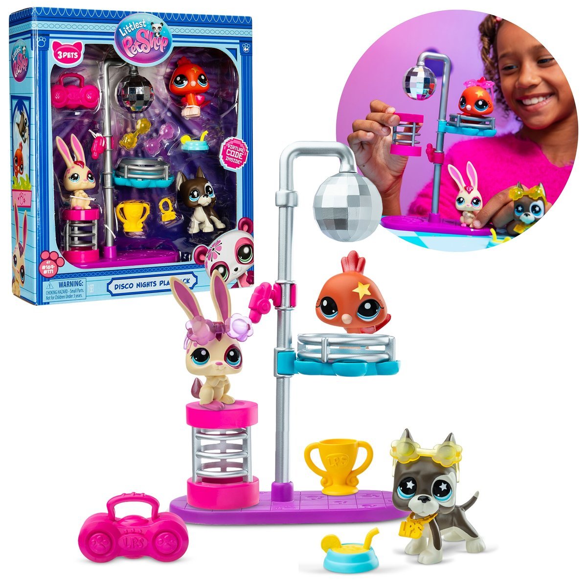 Littlest Pet Shop Zestaw figurek Disco Night, zwierzątka + akcesoria, ruchome figurki kolekcjonerskie 4+