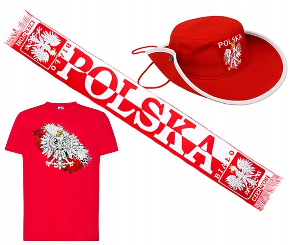 ZESTAW DLA KIBICA POLSKI KOSZULKA +SZALIK + CZAPKA GODŁO FLAGA