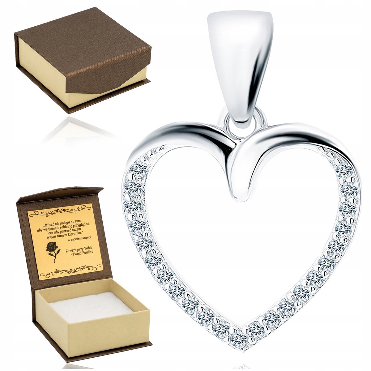 Srebrna Zawieszka Wisiorek Serce Z Cyrkoniami Srebro 925+Pudełko Z Grawerem