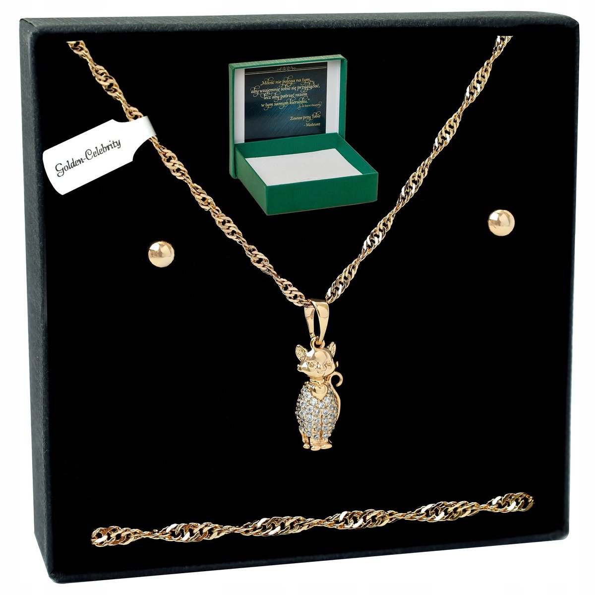 Złoty Komplet Biżuterii Stal Chirurgiczna Lisek Z Cyrkoniami+Kolczyki 60 Cm