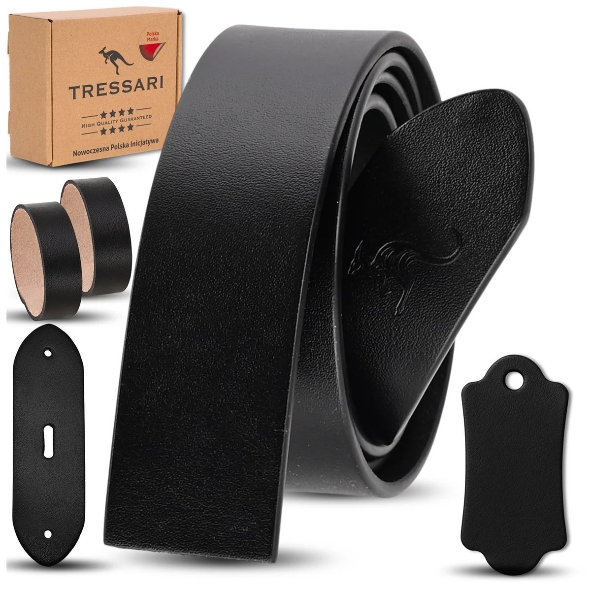 TRESSARI Skórzany Pasek 120cm czarny do spodni bez klamry skóra naturalna