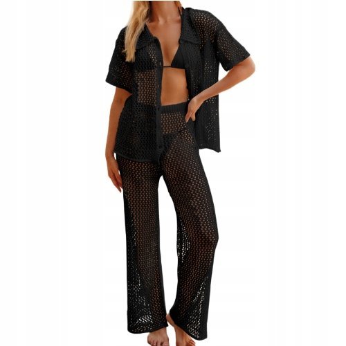 Koronkowy Komplet Plażowy Długie Spodnie Koszulka Na Lato Czarny Damski