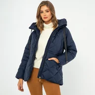 Kurtki damskie - Damska kurtka z kapturem i ściągaczem granatowa - miniaturka - grafika 1