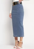 Spódnice - Niebieska Midi Spódnica Ołówkowa Jeansowa z Bawełny z Ażurowym Paskiem Verailla - miniaturka - grafika 1