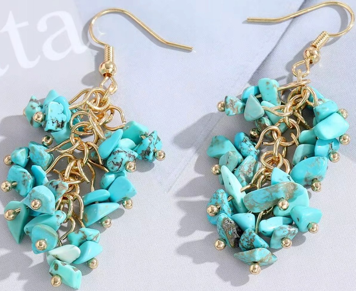 Złote Kolczyki z Turkusowymi Kamieniami Sztyft Naturalne Pozłacane