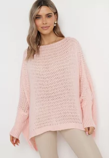 Swetry damskie - Różowy Luźny Sweter w Stylu Ponczo Kossela - grafika 1