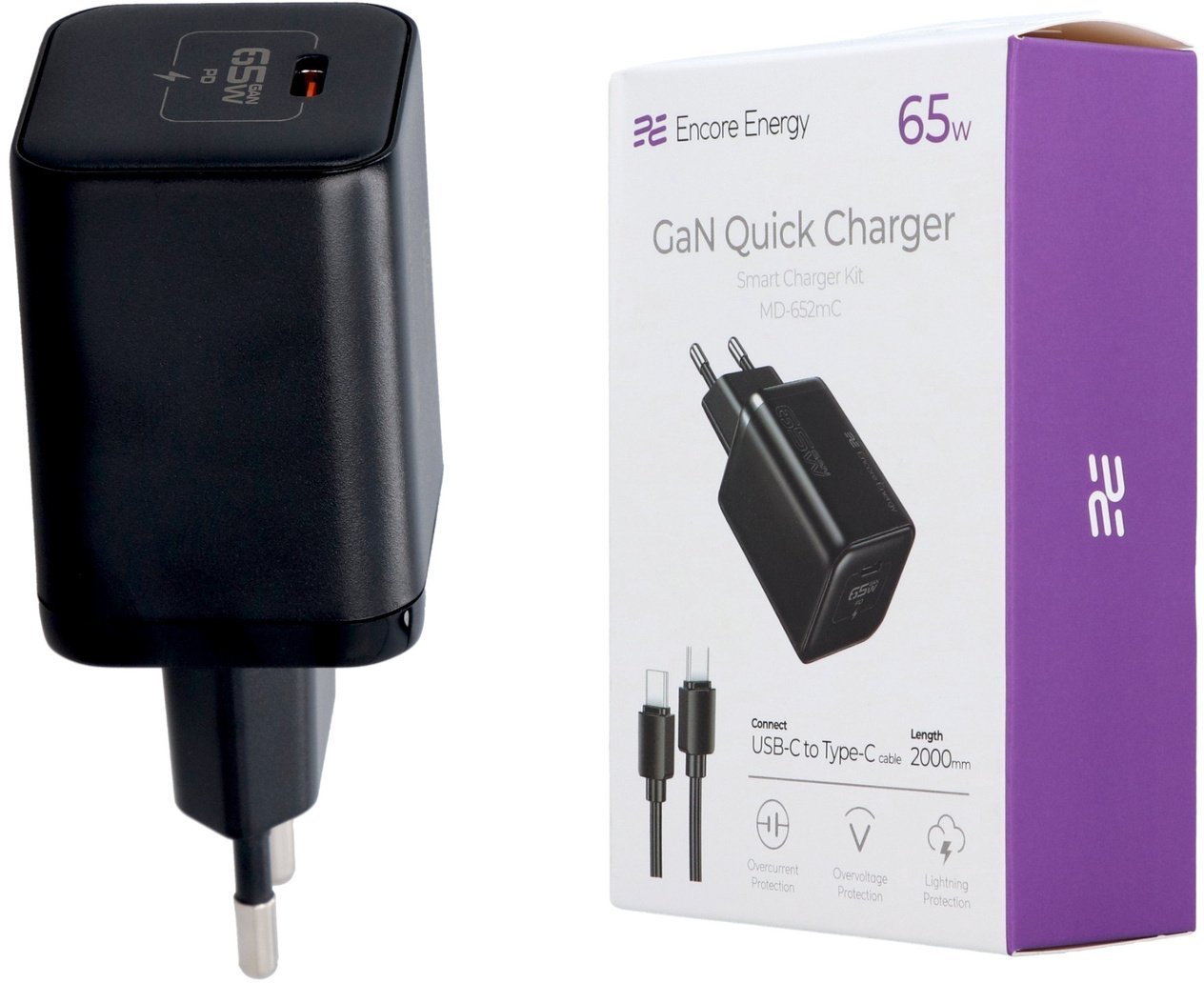 Zasilacz do laptopa Encore Energy ładowarka sieciowa GaN 65W USB-C QC PD + kabel USB-C 200cm MD-652mC