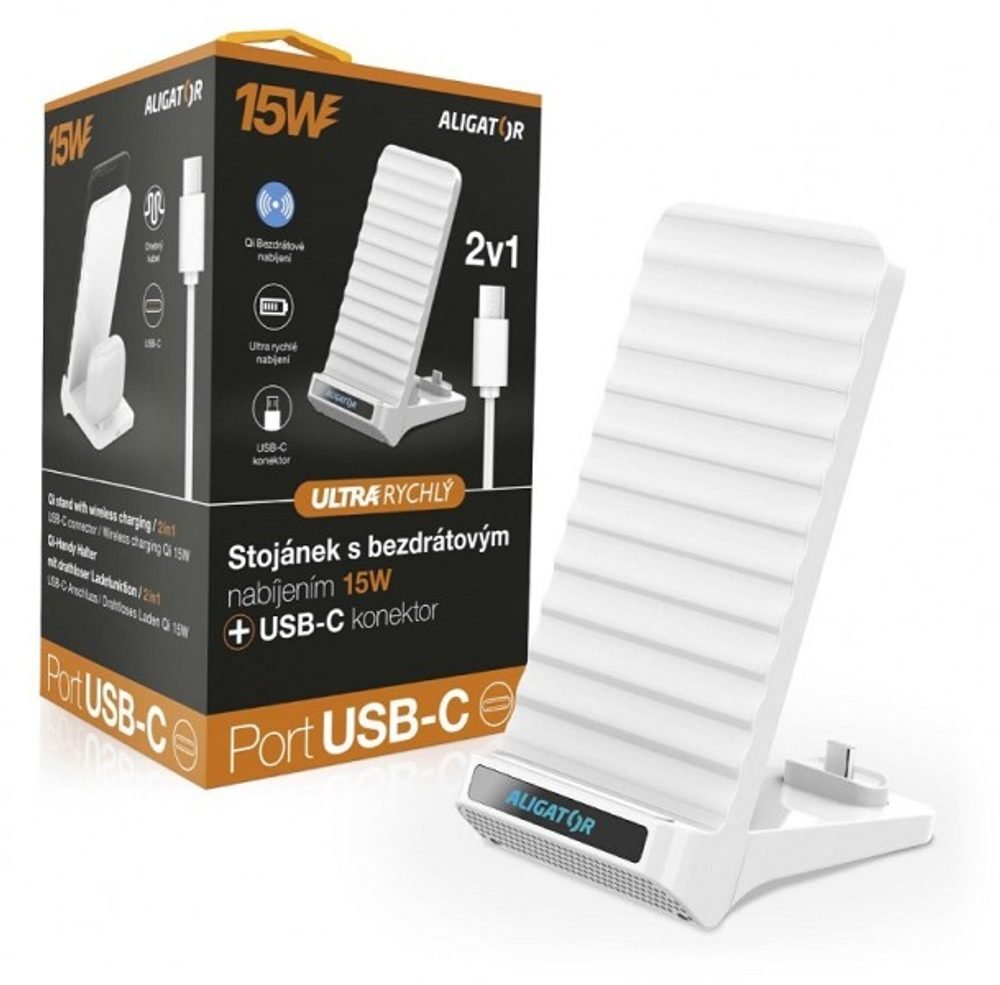 Podstawka z bezprzewodowym ładowaniem 15 W i złączem USB-C, 2 w 1, biały Alligator