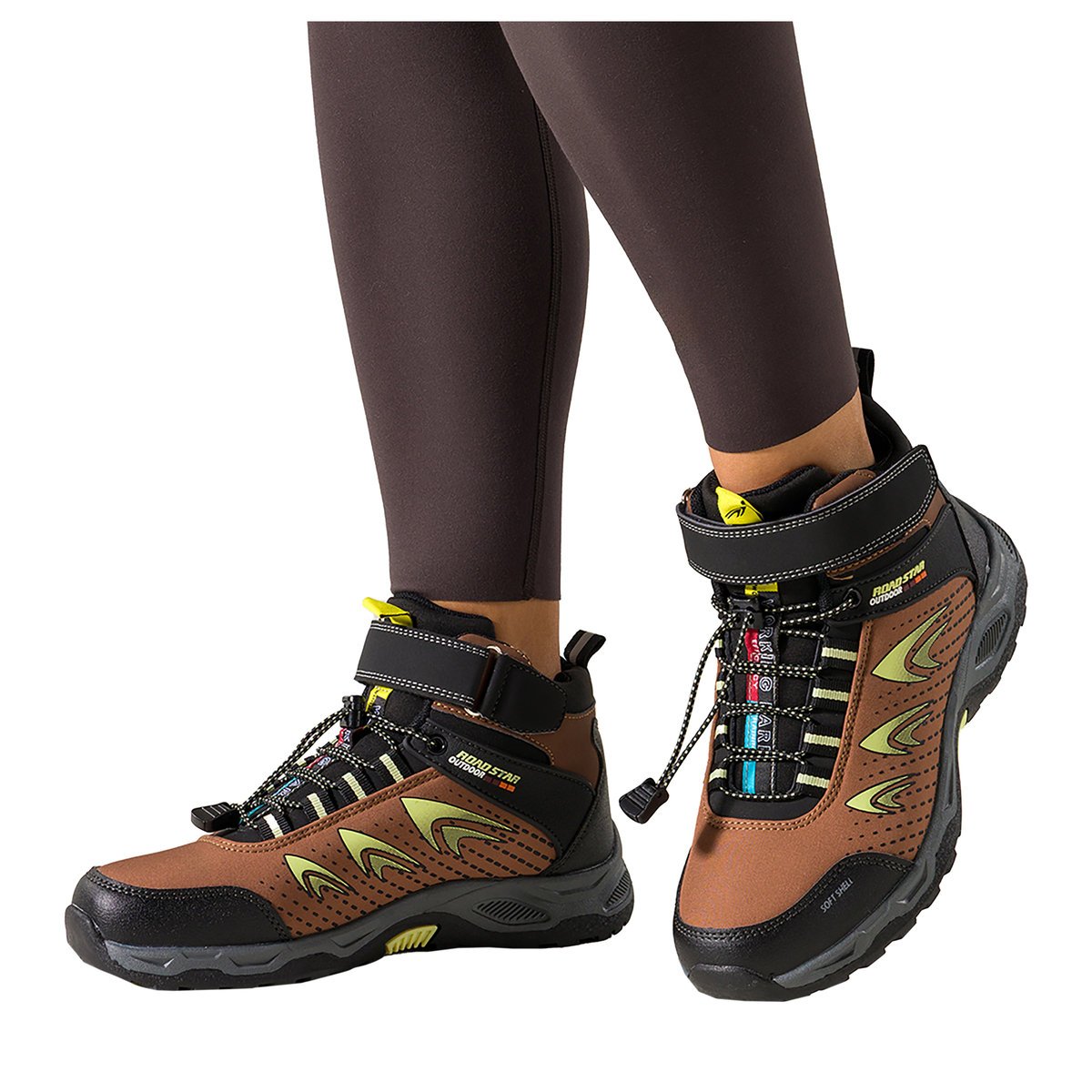 Brązowe buty trekkingowe damskie na bieżnikowanej podeszwie z regulowaną elastyczną sznurówką czarne wstawki softshell Casu 7689-2D-36