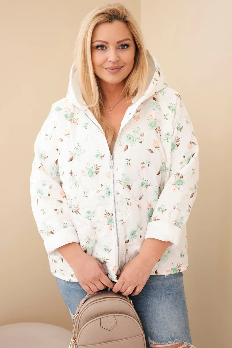 Miętowa pikowana kurtka damska Plus Size z kapturem i regulacją