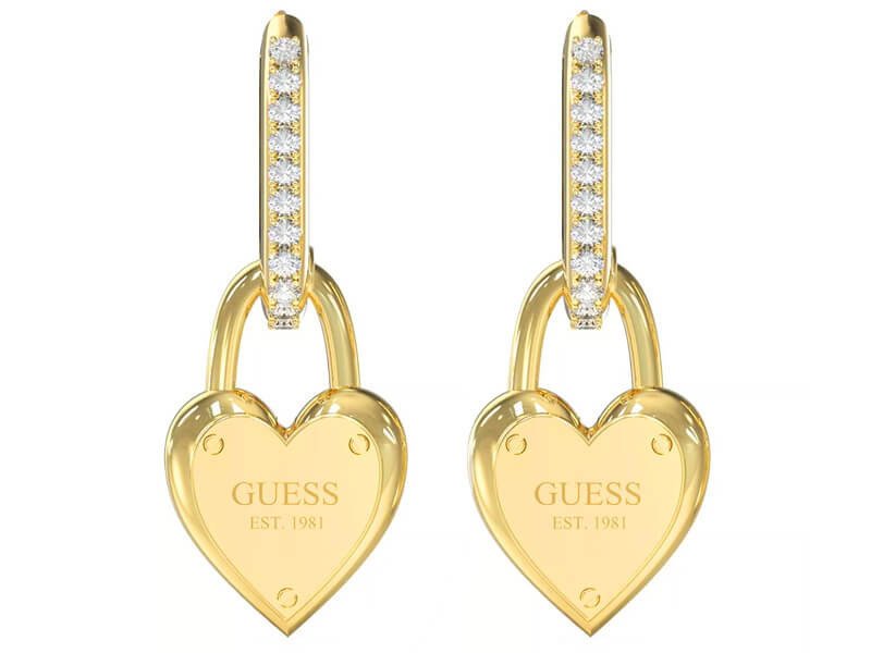 Kolczyki GUESS pozłacane serca z cyrkoniami i napisem angielskie zapięcie PAVE HEART LOCK