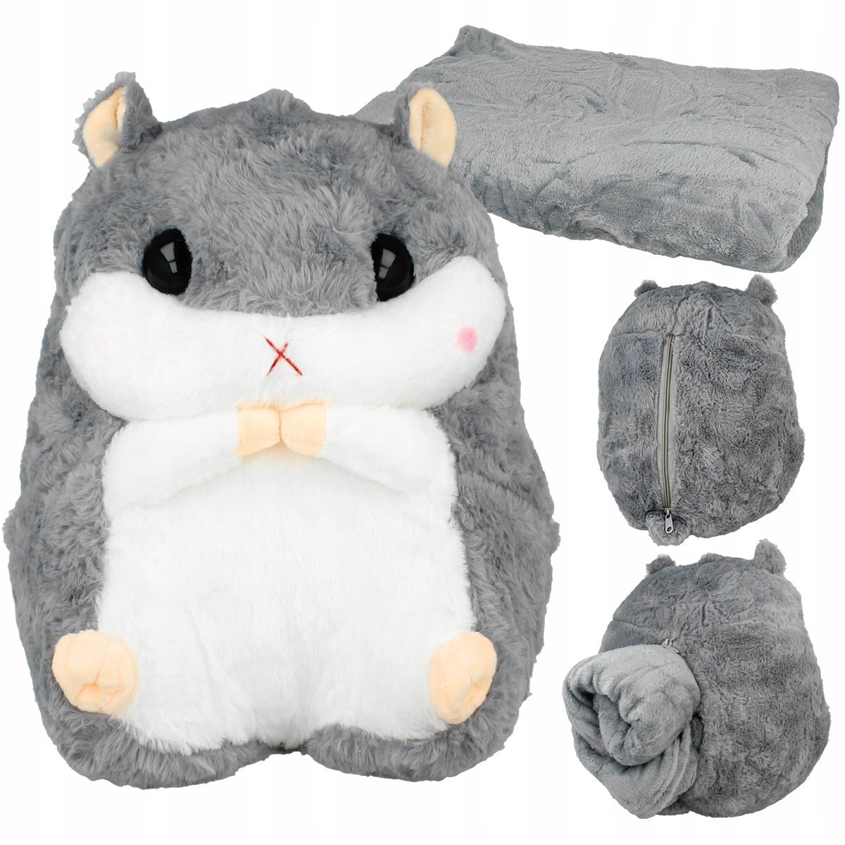 Chomik maskotka kocyk poduszka koc pluszowy komplet 3w1 szary na Mikołaja