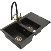 Zlewozmywaki z baterią - Mexen Gaspar zlewozmywak granitowy 1,5-komorowy z ociekaczem i baterią kuchenną Duo, czarny/złoty metalik - miniaturka - grafika 1