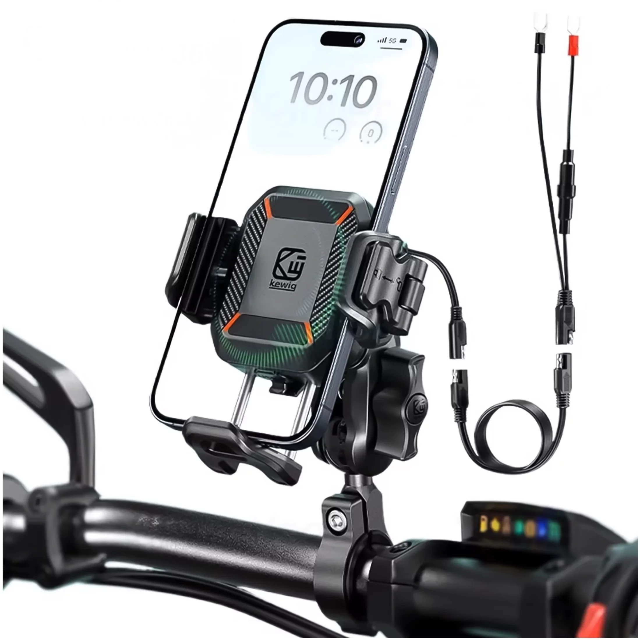 Uchwyt Motocyklowy na kierownicę KEWIG M33-A1 na telefon z ładowarką Qi 15W + PD 30W USB-C z systemem przeciwwstrząsowym na motor quada skuter Czarny