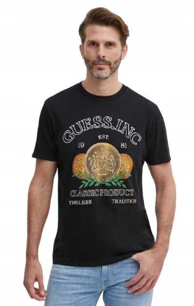 Guess Czarny T Shirt Męski Z Nadrukiem Monet I Logo M I1C