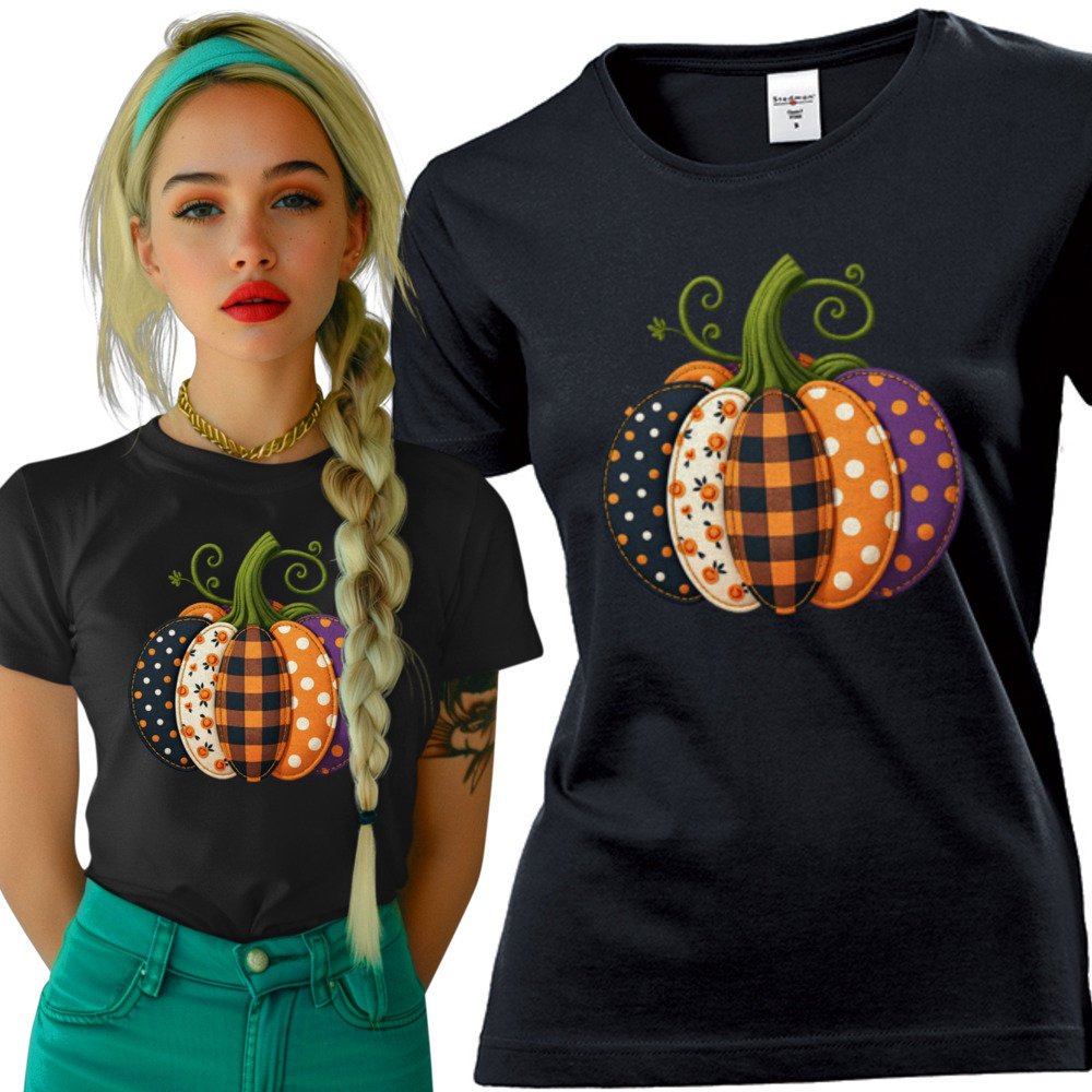 Koszulka damska Patchworkowa Dynia W Kropki Kratkę Dzień Dyni Halloween XL
