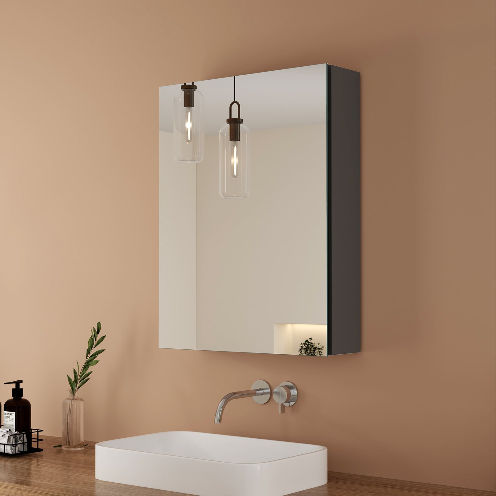 EMKE szafka z lustrem ciemnoszara, 50×65 cm z pojedynczymi drzwiami i regulowaną półką Szafka łazienkowa