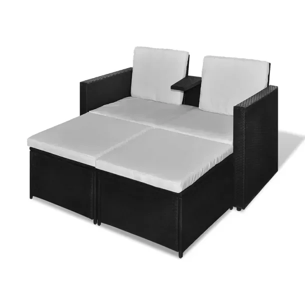 Zestaw rattanowy sofa z podnóżkami, czarny, 132x62x77 cm, 55x55x32 cm