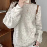 Bluzy damskie - TEMU Beżowy Sweter Damski - Miękka, Długa Rękawowa Bluza na Zimę do Biura i Codziennego Stylu, Przytulny Sweter Jesienno-Zimowy w Kolorze Beżowym, - miniaturka - grafika 1