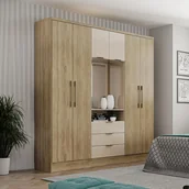 Szafy - Szafa 6 drzwi i 3 szuflady - Z lustrem - szer. 180 cm - Kolory: Naturalny i beżowy - ELORIO - miniaturka - grafika 1