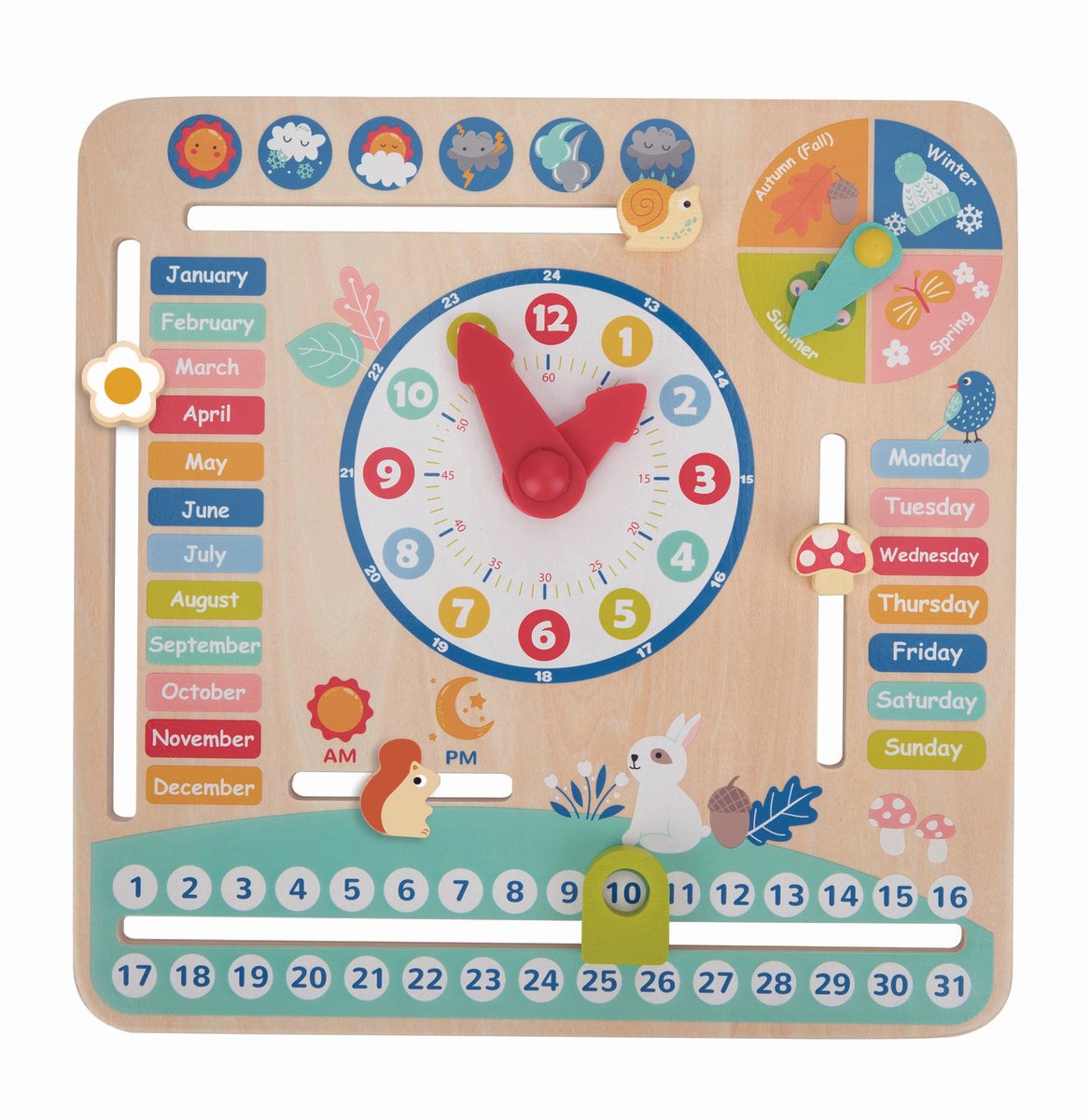 Drewniany zegar edukacyjny z puzzlami - Kolorowe dni i miesiące